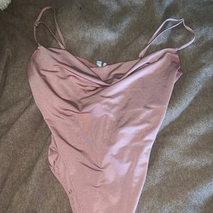 silk blush cowel neck body suit